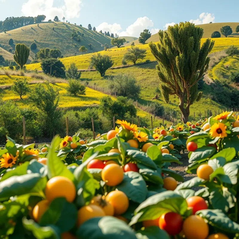 A vibrant orchard showcasing fresh vegetables and fruits.