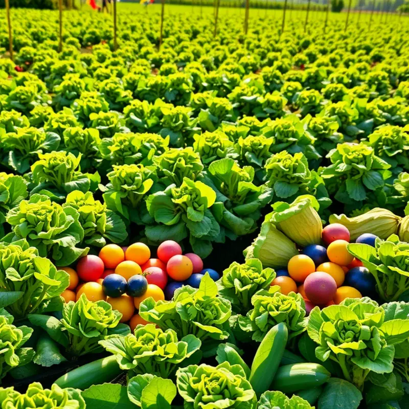 A colorful field showcasing natural organic produce under warm sunlight.