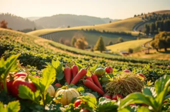 A scenic landscape depicting a sunlit orchard, showcasing vibrant fruits and vegetables amidst lush greenery.