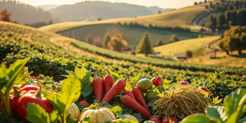 A scenic landscape depicting a sunlit orchard, showcasing vibrant fruits and vegetables amidst lush greenery.