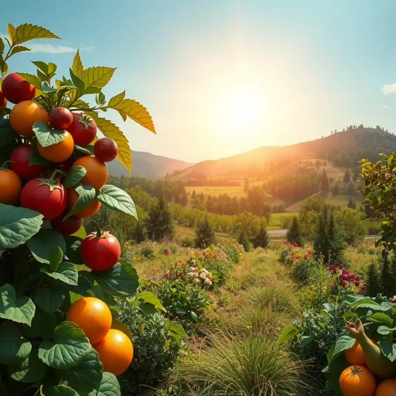 A sunlit orchard filled with vibrant fruits and vegetables representing the raw food movement.