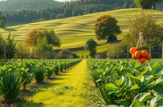 A scenic orchard filled with vibrant and fresh produce surrounded by a natural landscape.