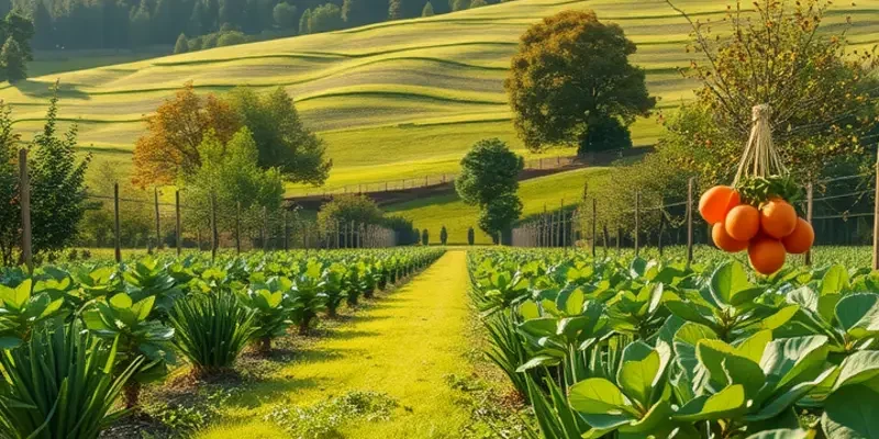 A scenic orchard filled with vibrant and fresh produce surrounded by a natural landscape.