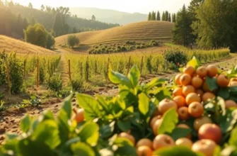 An expansive view of a sunlit orchard filled with fresh organic produce.