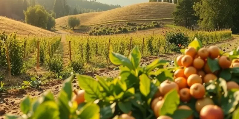 An expansive view of a sunlit orchard filled with fresh organic produce.