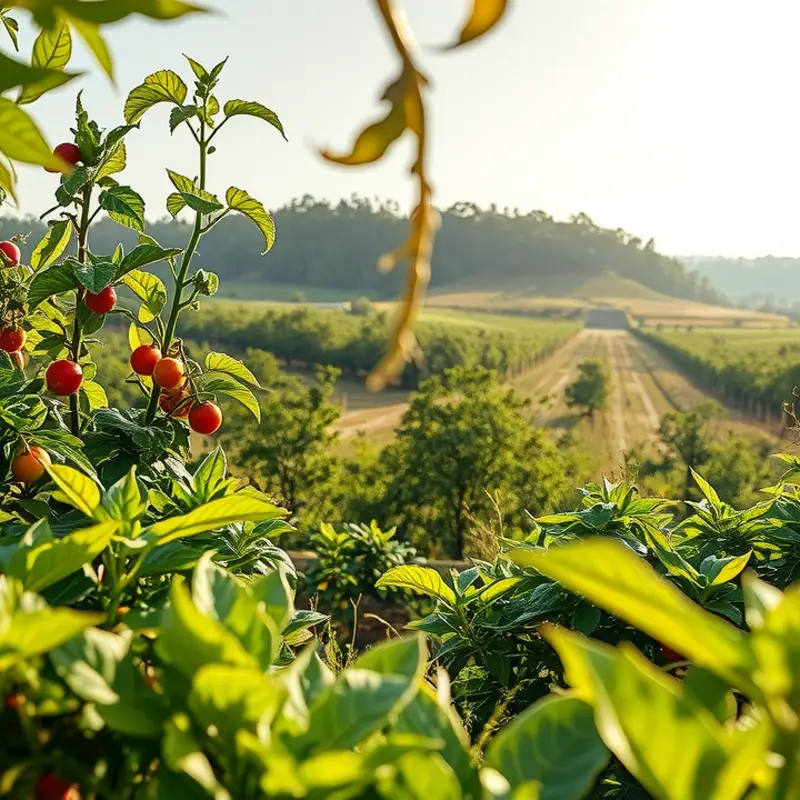 A tranquil tea garden under gentle sunlight, rich in vibrant greens and delicate flowers.