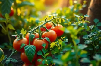 A lush garden with vibrant tomato plants and cilantro illuminated by soft sunlight, representing vital salsa ingredients.