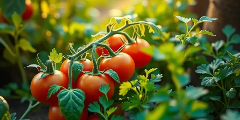 A lush garden with vibrant tomato plants and cilantro illuminated by soft sunlight, representing vital salsa ingredients.