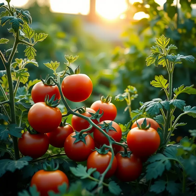 Vibrant tomatoes and fresh herbs growing in a lush garden, essential ingredients for traditional salsas.