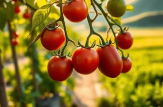A sunlit field filled with healthy tomato plants, highlighting the abundant yield of fresh produce.
