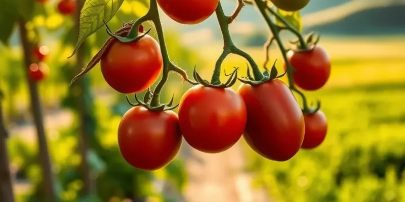 A sunlit field filled with healthy tomato plants, highlighting the abundant yield of fresh produce.