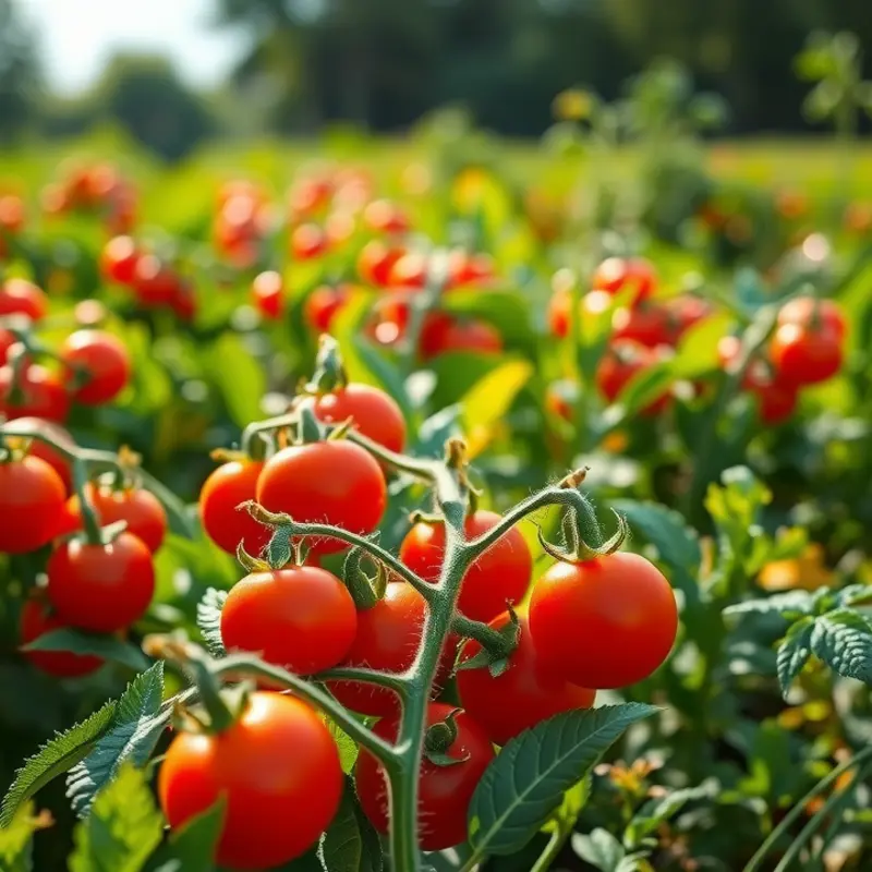 A sunlit field rich with ripe tomatoes showcasing the bounty of nature.