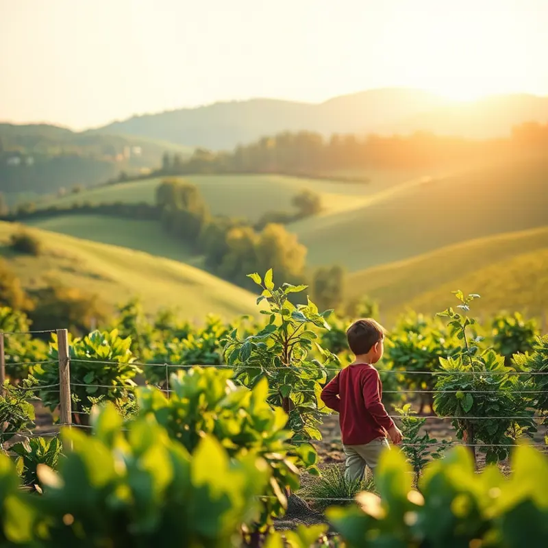 A sunlit orchard filled with vibrant vegetables and fruits.