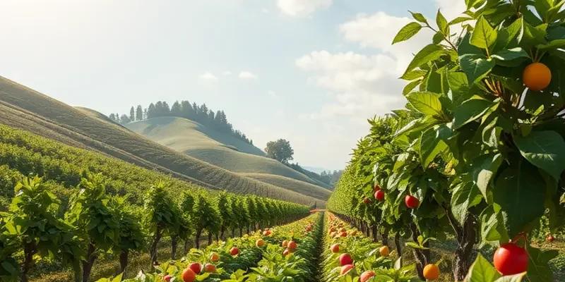 A sunny field filled with vibrant organic vegetables growing in lush surroundings.