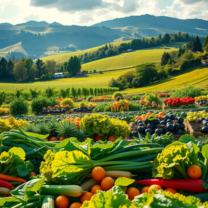 A lush field abundant with fresh organic vegetables and fruits symbolizing healthy eating.