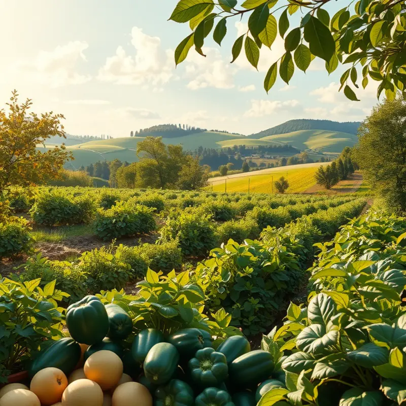 A lush, sunlit orchard showcasing vibrant fruits and vegetables, embodying abundance and natural beauty.