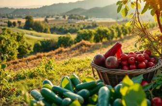 A stunning garden filled with diverse vegetables and fruits illuminated by warm sunlight.