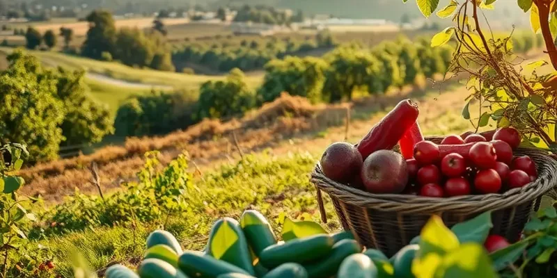 A stunning garden filled with diverse vegetables and fruits illuminated by warm sunlight.