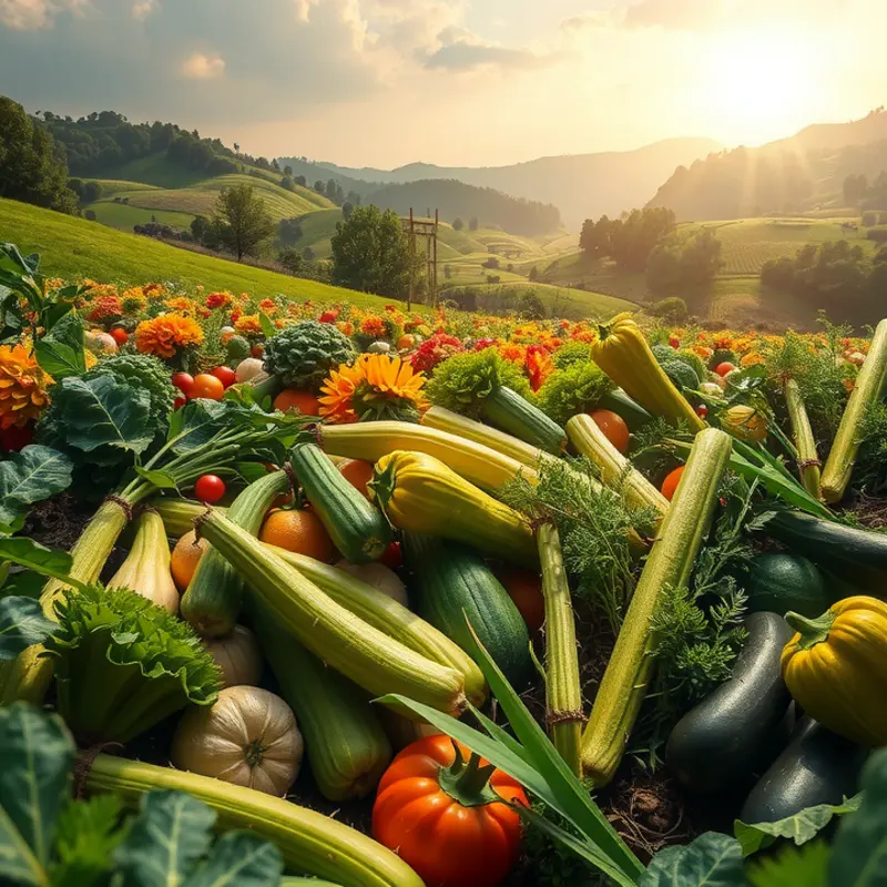 A sunlit orchard showcasing the abundance of organic fruits and vegetables.