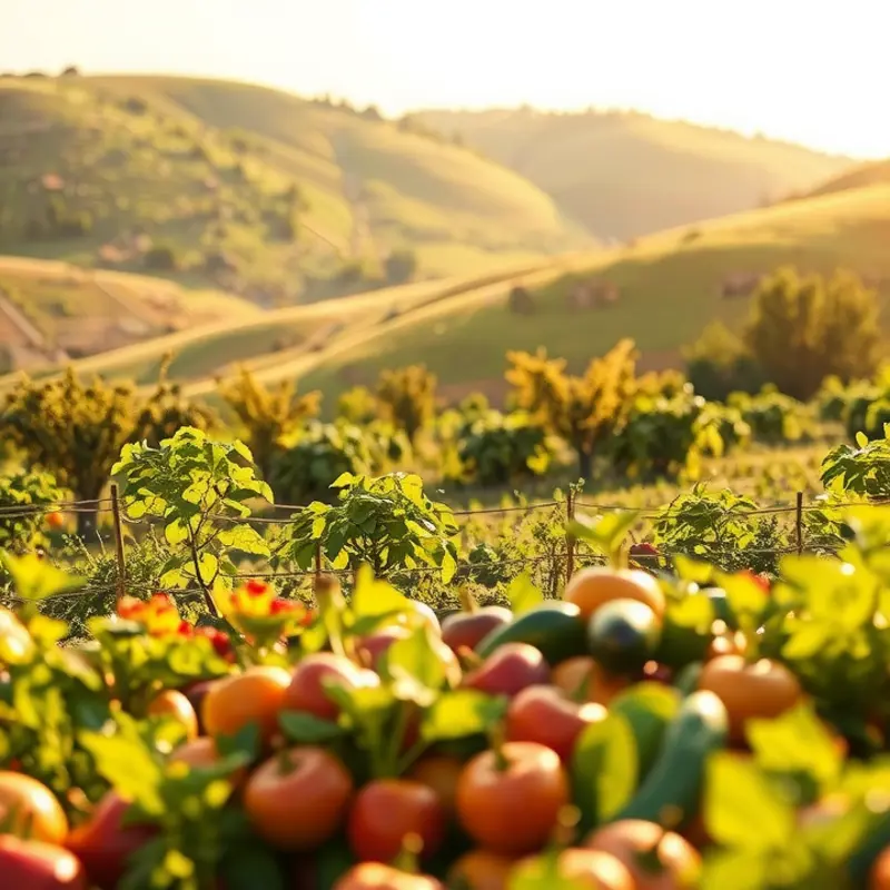 A sunlit orchard filled with vibrant fruits and vegetables.
