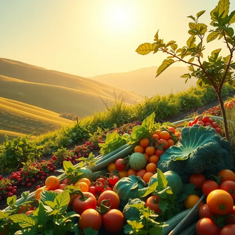 A lush garden filled with organic vegetables and fruits, representing the journey toward mindful eating.