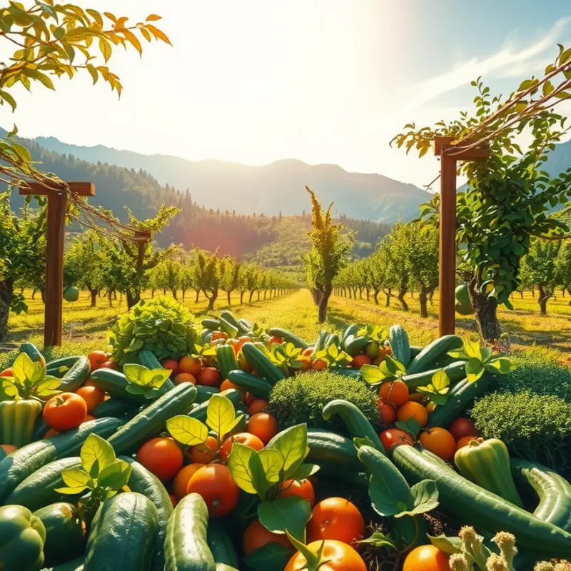 A vibrant sunlit field filled with organic vegetables and fruits.