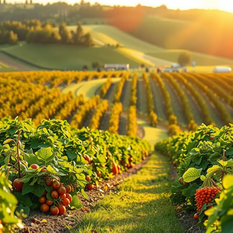 A sunlit orchard filled with vibrant vegetables and fruits, showcasing the beauty of organic produce.