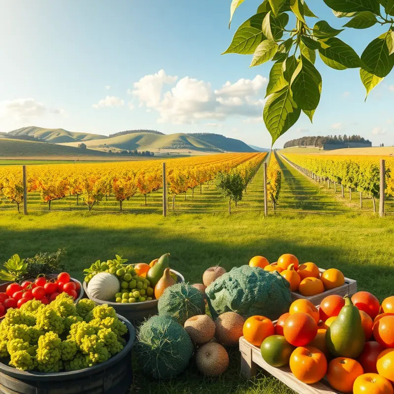A sunlit field brimming with vibrant vegetables and fruits, embodying natural abundance.