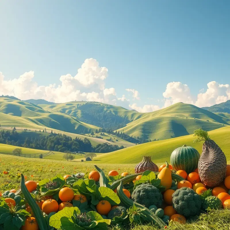 A sunlit organic field thriving with fruits and vegetables.