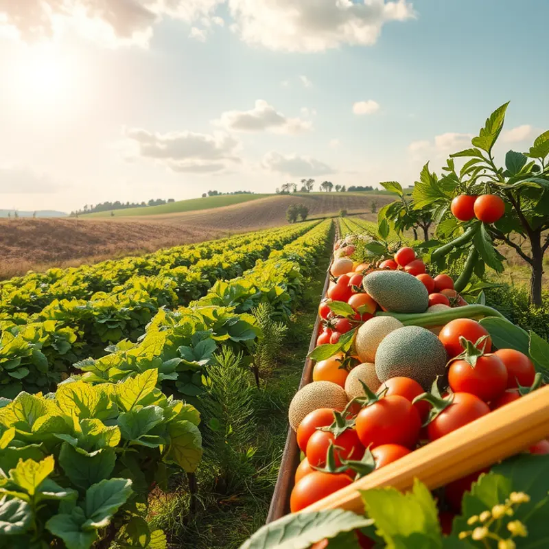 A sunlit orchard filled with fresh organic vegetables.