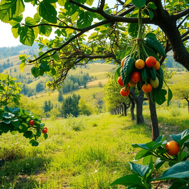 A sunlit orchard filled with vibrant vegetables and fruits.
