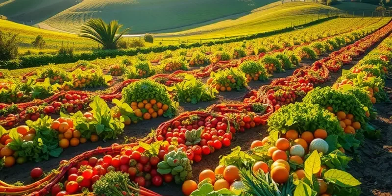 A vibrant field of organic vegetables and fruits under natural sunlight.
