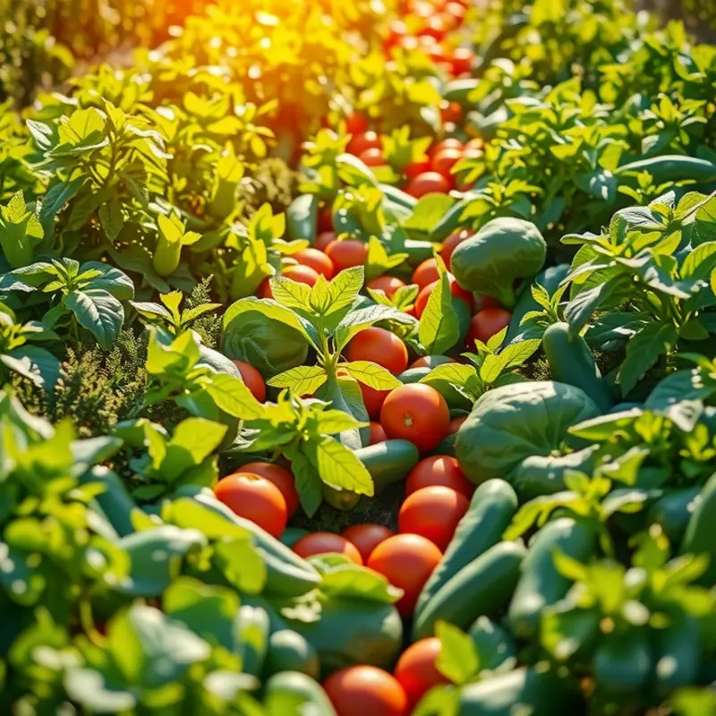 A sunlit field showcasing vibrant vegetables and lush greenery.