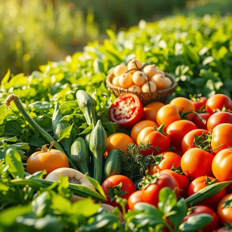 A sunlit field showcasing vibrant vegetables and fruits, symbolizing the abundance of healthy eating.