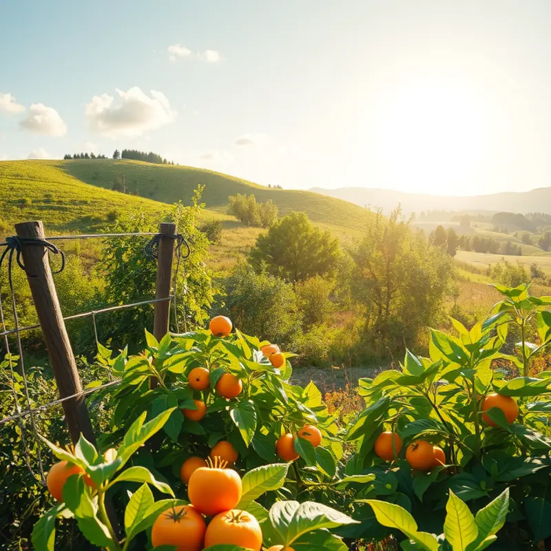 A picturesque sunlit field with vibrant organic produce.