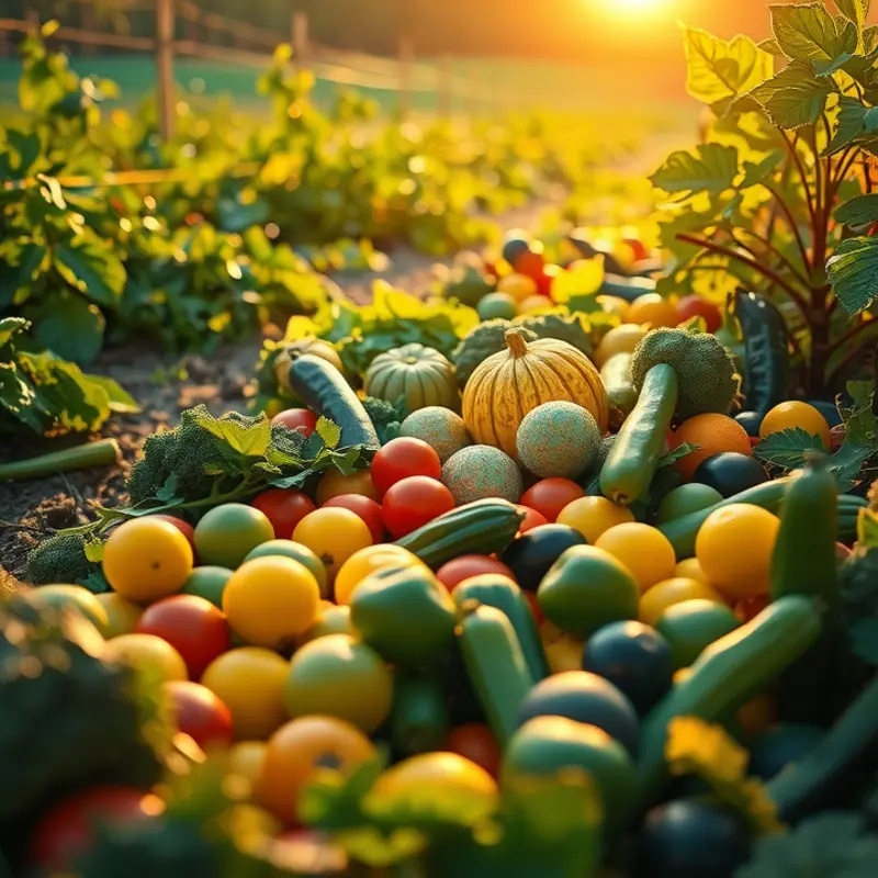 A vibrant field of fresh vegetables and fruits, symbolizing the foundation of food preservation.