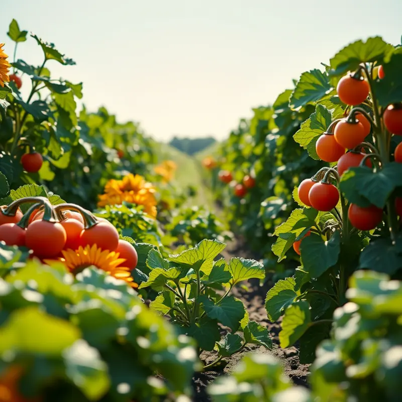 A sunlit field showcasing vibrant vegetables and fruits, symbolizing freshness.