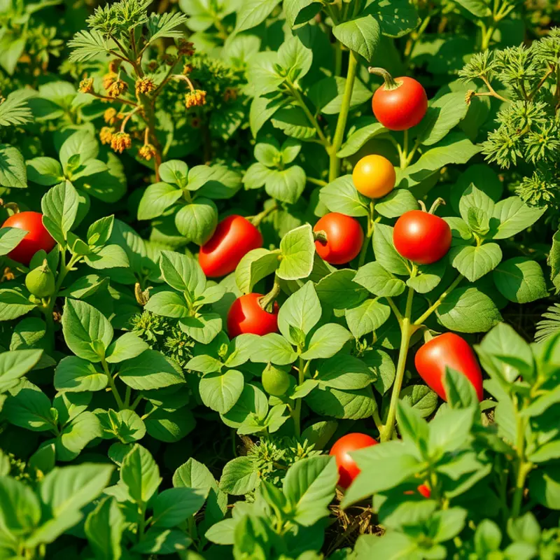 A scenic view showcasing a vibrant array of vegetables and fruits in their natural growth environment.