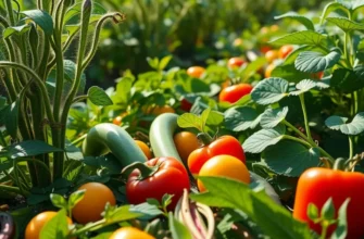 A scenic field filled with various types of organic vegetables and fruits growing in a naturally lush environment.