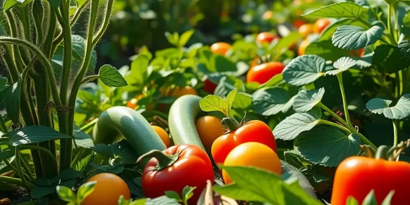 A scenic field filled with various types of organic vegetables and fruits growing in a naturally lush environment.