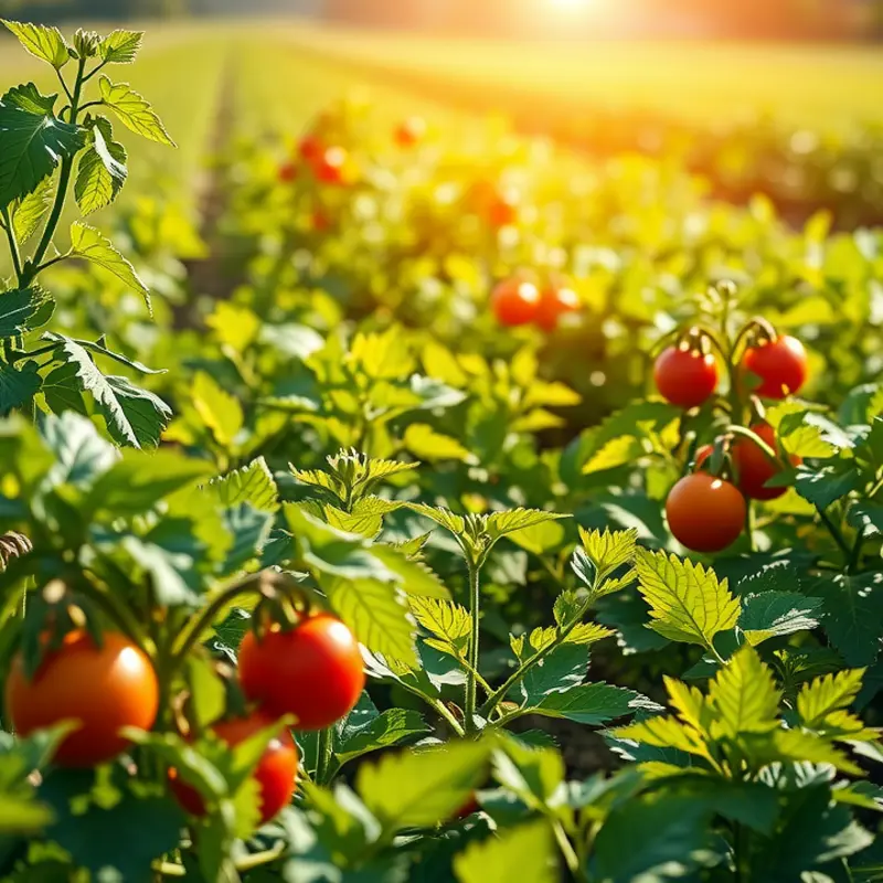 A sunlit field bursting with vibrant vegetables and fruits.