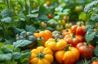 A scenic view of an organic farm with lush greenery and colorful vegetables under soft sunlight.