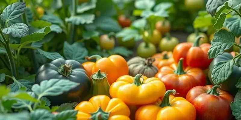 A scenic view of an organic farm with lush greenery and colorful vegetables under soft sunlight.