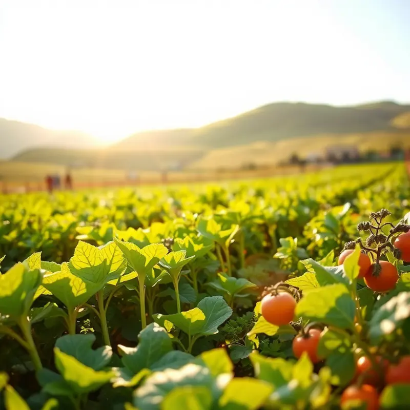 A scenic view of an orchard full of fresh vegetables and fruits.