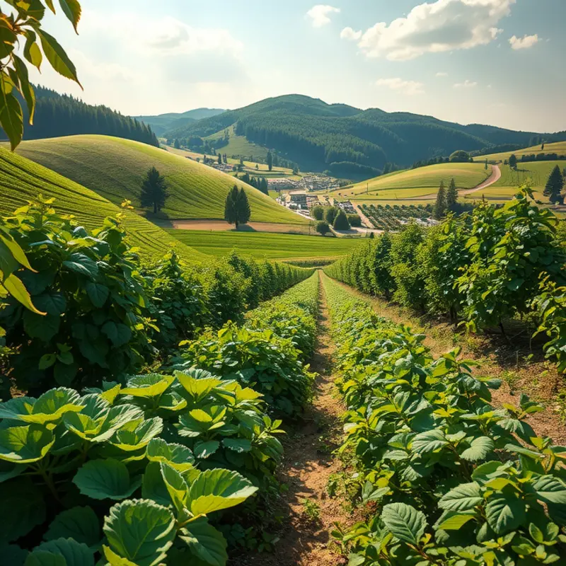 A serene landscape depicting vibrant vegetables and fruits in lush surroundings.