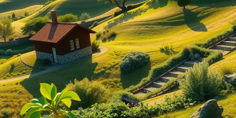 A picturesque landscape featuring vibrant vegetables and fruits in a lush, green field.