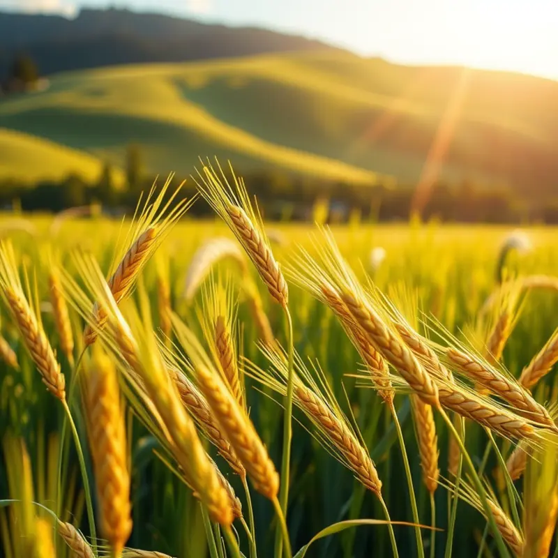 A sunlit field of wheat swaying gently in the breeze.