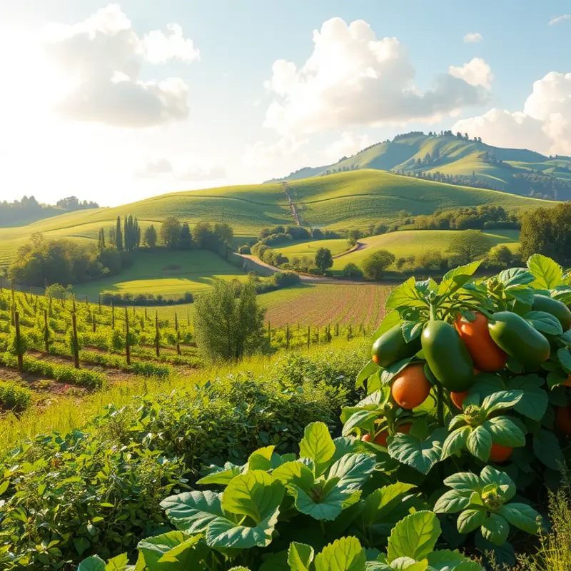 A sunlit field of fresh fruits and vegetables, displaying vibrant colors and natural abundance.