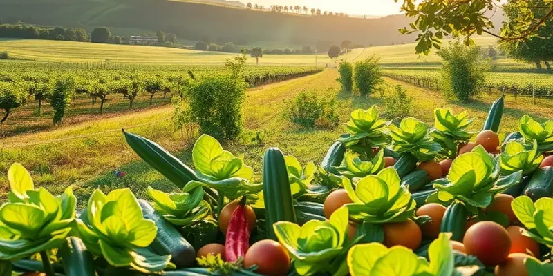 A rich landscape illustrating the abundance of fruits and vegetables in nature