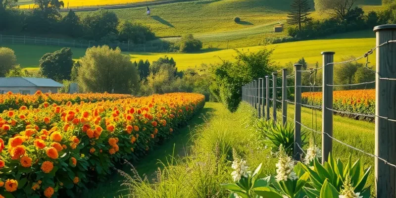 A picturesque field filled with fresh vegetables and fruits under warm sunlight.